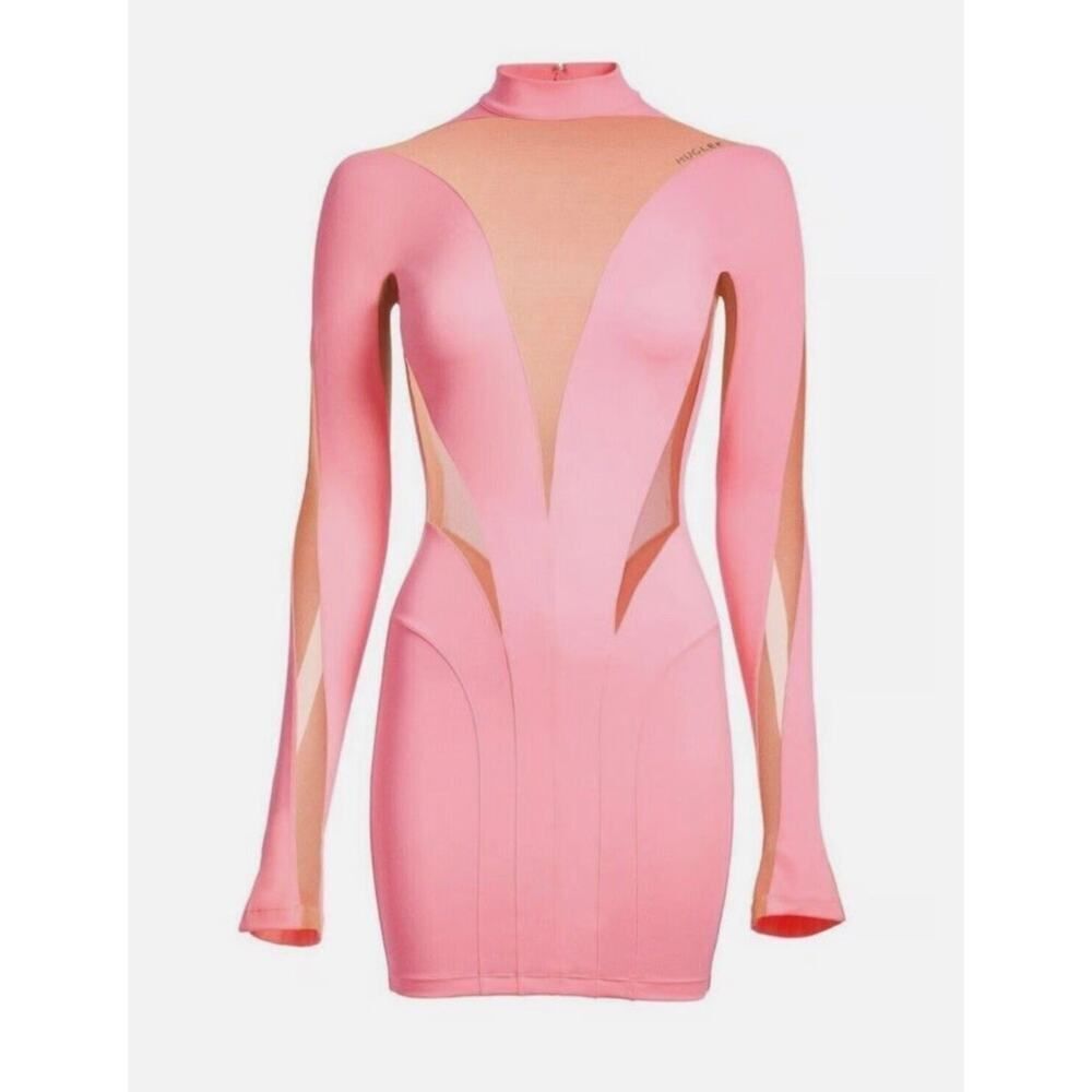 Mugler x H&M Pink Mesh Paneled Mini Dress Bodycon Long Sleeve 2XL